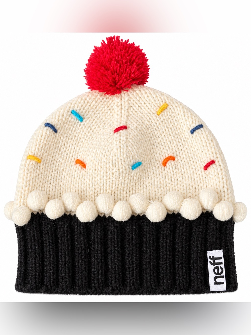 Neff Cream & Black Beanie with Red Pom and Colorful Sprinkles 🧁